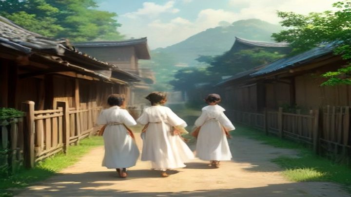 애니 화풍으로 볏단 진 사람들이 들어오는 그림