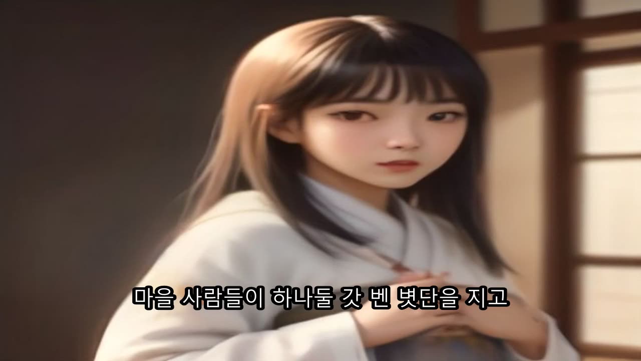 영상 10초 — 자막은 볏단 진 마을 사람들, 그림은 여자 얼굴
