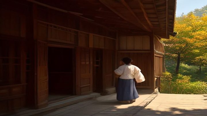 유화 화풍으로 마루를 향해 절하는 사람들