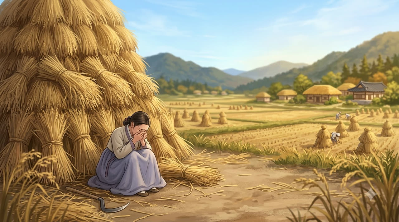 스튜디오가 그린 장면 2 — 볏단 산 앞에서 우는 여인