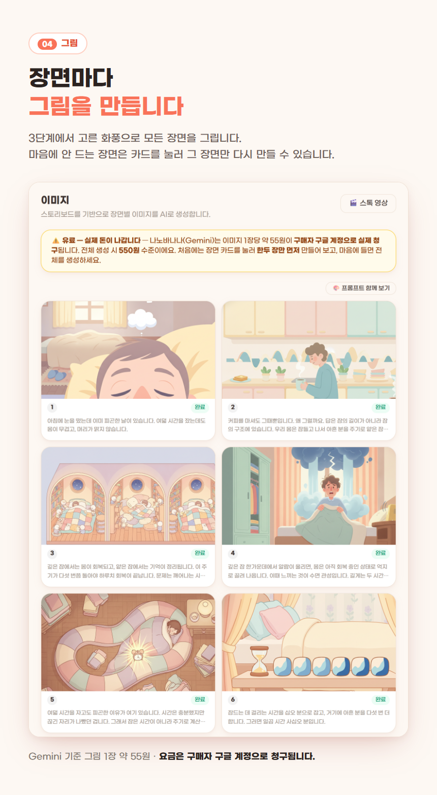 04 그림 — 장면마다 그림을 만든다. Gemini 기준 그림 1장 약 55원, 요금은 구매자 구글 계정으로 청구